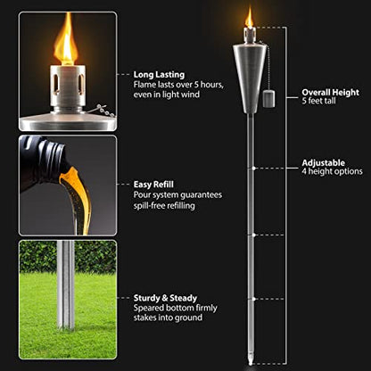 Matney Stainless Steel Outdoor Torches, 5 Ft (4 Pack, Cone) - size: 4 Pack, style: Cone