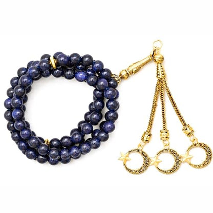 Amazing Gemstone Crystal Tasbeeh with Moon and Star Charm - Certified Crystal Muslim Prayer Beads Natural Gemstone Tasbih Gift for Ramadan Dhikr and Daily Namaz (G) - color: Blue Goldstone
