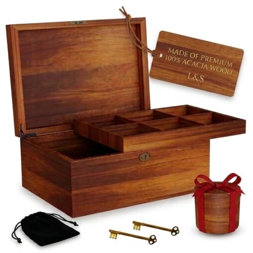 LUSH & STYLE Acacia Wooden Box, Keepsake With Hinged lid and locking keys, Decorative, Memory, Wooden Storage Boxes, Customizable With Adjustable Tray,keepsake trunk (Divider Model) Large 11x9x5 Inch - style: Modern