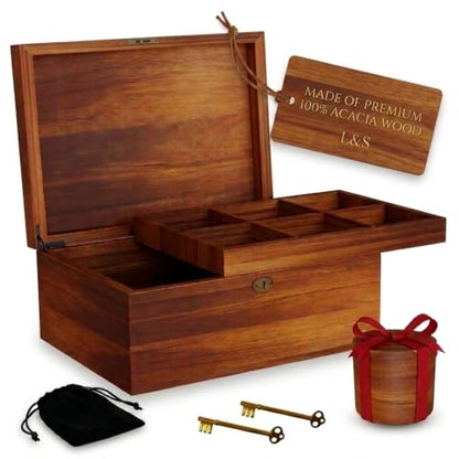 LUSH & STYLE Acacia Wooden Box, Keepsake With Hinged lid and locking keys, Decorative, Memory, Wooden Storage Boxes, Customizable With Adjustable Tray,keepsake trunk (Divider Model) Large 11x9x5 Inch - style: Modern