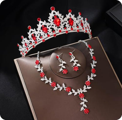 Kamirola Tiaras and Crowns for Women,Tiaras Earrings Necklace, Crystal Bridal Jewelry Set, Costume Party Halloween Prom Pageant Jewelry for Women(TR45) - color: Silver Red