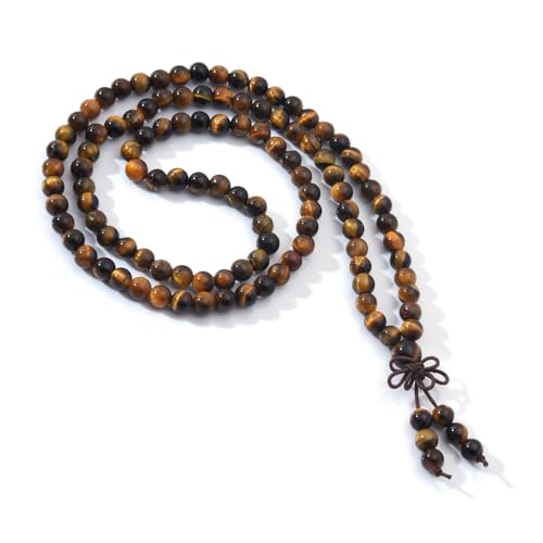 108 Mala Beads Stretch Bracelet 6mm Natural Gemstone Prayer Beaded Necklace - color: Yellow Tiger Eye