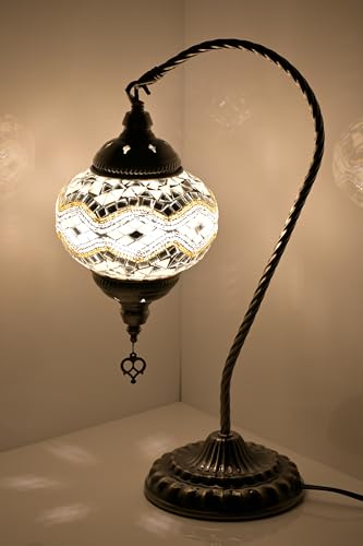 GOGERS Swan Neck Turkish Moroccan Lamp Handmade Stained Mosaic Glass Vintage Lamp Shade Bohemian Tiffany Style Bedside Night Lamp Lighting for Bedroom Living Room (White Golden) - color: White Golden