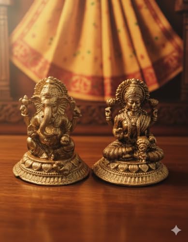 BEXCO Brass Statues, Lakshmi and Ganesha Figurines Set Height 1.5" inch (Approx.), Lord Ganesha and Goddess Laxmi Pair for Daily and Diwali Pooja (1.5 inch) - size: 1.5 inch