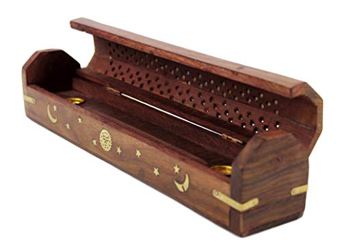 COTTON CRAFT Sheesham Wood Incense Burner Holder - Set of 2 Incense Burners - color: Natural - Sun & Moon Inlays, size: 2 Pack