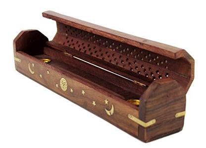 COTTON CRAFT Sheesham Wood Incense Burner Holder - Set of 2 Incense Burners - color: Natural - Sun & Moon Inlays, size: 2 Pack