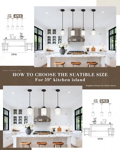 TENGXIN 6" Matte Black Pendant Lights Kitchen Island, Frosted Glass Shade - color: Matte Black, Linen Frosted Glass, size: 6"