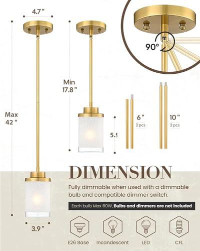 TENGXIN Brushed Gold Pendant Lights Kitchen Island, Frosted Glass Shade - color: Brushed Gold, Linen Frosted Glass, size: 4"