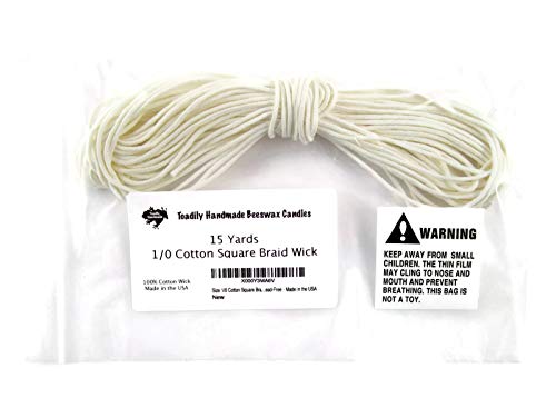 15 Yards/45 Feet - Size 1/0 Cotton Square Braid Candle Wick - 100% Cotton Candle Wick - Unprimed and Lead-Free - Made in the USA - size: 1/0