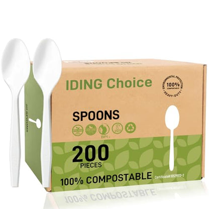 100% Compostable 200 Count No Plastic Spoons, Plastic Utensils, The Heavyweight Heavy Duty Flatware is Eco-Friendly Products for Lounge Party Wedding Office BBQ Picnic Camping.