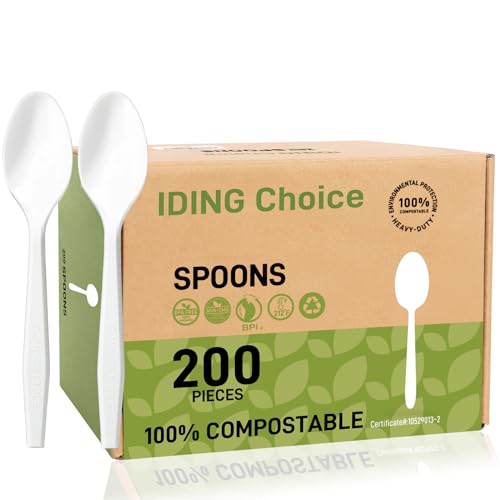 100% Compostable 200 Count No Plastic Spoons, Plastic Utensils, The Heavyweight Heavy Duty Flatware is Eco-Friendly Products for Lounge Party Wedding Office BBQ Picnic Camping.