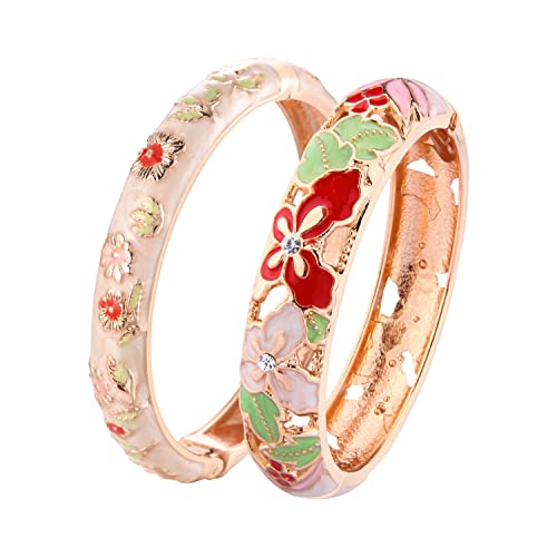 UJOY Fashion Cloisonne Bracelets Plated Butterfly Filigree Enameled Womens Gifts Bangles Spring Hinged 88A09 - color: 2 Pcs/Set-A09-Cream White
