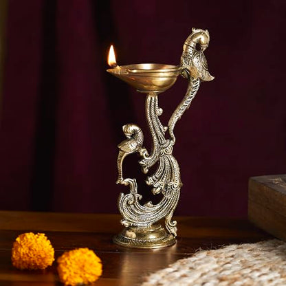 Esplanade Brass Peacock Design Diya - Traditional Festive Decor, Solid Heavy Brass Oil Lamp, Elegant Royal Aesthetic for Diwali, Wedding, Housewarming, Pooja Room - Handcrafted Decorative Showpiece