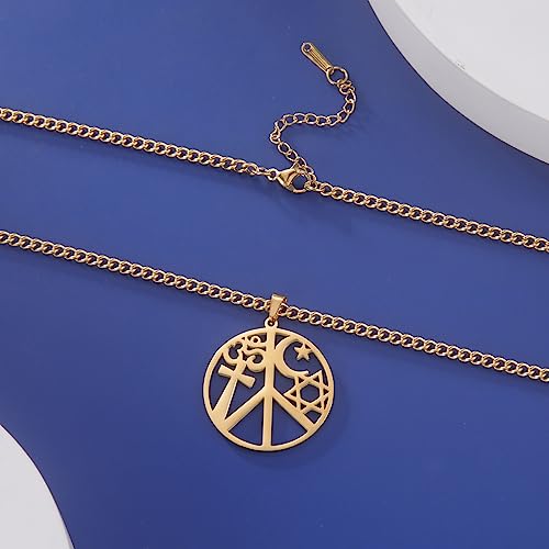 VASSAGO Coexist in Peace Necklace for Women Men Stainless Steel Yin Yang Cross Om Star Crescent Moon Pendant Religious Jewelry - color: gold 3