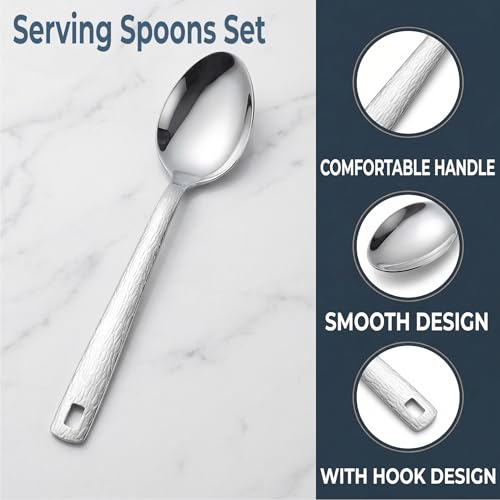 4 Pack Stainless Steel Serving Spoons, 12 Inch Large Buffet Serving Utensils, Heavy Duty 18/8 Metal Spoons with Textured Handle, Dishwasher Safe for Catering, Party, Kitchen