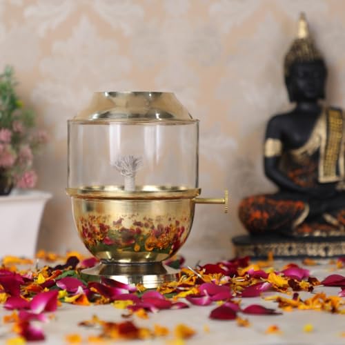 Pure Brass Akhand Jyot Diya with Borosilicate Glass Cover - Medium Size Adjustable Wick Lever 250ml Oil Capacity 48-Hour Burn Time Authentic Oil Lamp for Prayer and Meditation - Gold - size: Medium Without Plate