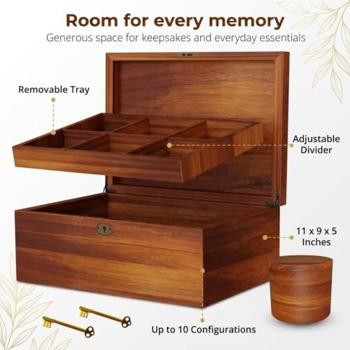LUSH & STYLE Acacia Wooden Box, Keepsake With Hinged lid and locking keys, Decorative, Memory, Wooden Storage Boxes, Customizable With Adjustable Tray,keepsake trunk (Divider Model) Large 11x9x5 Inch - style: Modern