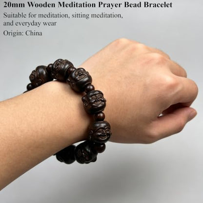 Pear Wood Buddha Beads Mala Bracelet Hand Carved Wooden Beads with Luminous Jade Lucky Charms Wealth Attracting Buddhist Prayer Bracelet for Men and Women Healing Energy Running Ring - color: Brown
