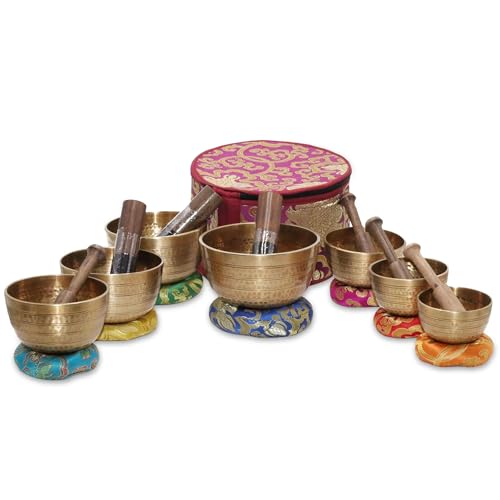 Tibetan Singing Bowl Set of 7, Handcrafted Singing Bowl for Meditation & Holistic Healing, Yoga Accessories, 3-5” Gold Singing Bowls with Wooden Striker, Cushion & Purple Carry Box - color: Gold