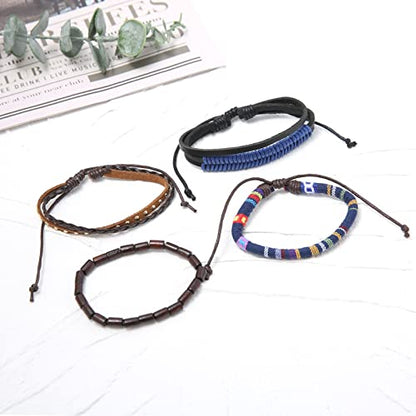 HZMAN Handmade Hemp Cords Wood Beads Leather Bracelets for Men Women - style: Dark Blue Hemp Rope