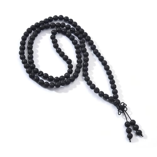 108 Mala Beads Stretch Bracelet 6mm Natural Gemstone Prayer Beaded Necklace - color: Black Lava