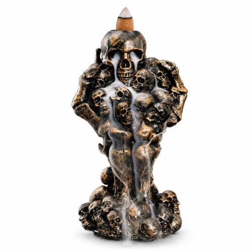 Resin Skull Reaper Backflow Incense Burner, Bronze Gothic Skeleton Tower with Creepy Hands & Smoke Waterfall Incense Holder +20 Incense Cones +1 Tweezer/Mat for Aromatherapy & Home Halloween Décor - color: Skulls Incense-copper