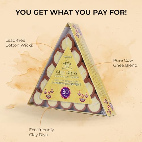 Welburn Veda&Co™ Pure Cow Ghee Diya for Puja - 30 Pieces, 45 Minutes Burn Time, Clarified Butter Filled, Paraffin Free, Clay Diya Lamp, Ready to Use Diya, Yoga & Meditation, Eco Friendly Pooja Diyas