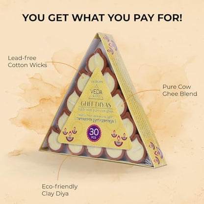 Welburn Veda&Co™ Pure Cow Ghee Diya for Puja - 30 Pieces, 45 Minutes Burn Time, Clarified Butter Filled, Paraffin Free, Clay Diya Lamp, Ready to Use Diya, Yoga & Meditation, Eco Friendly Pooja Diyas