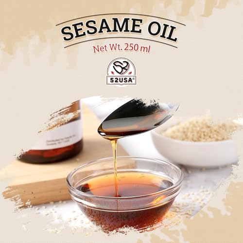 52USA 100% Pure Sesame Oil, Toasted Sesame Oils, 8.45 Fl Oz (250 ml), Premium Toasted Sesame Seed Oil, Aromatic & Nutty Flavor, Sesames Oil Cooking Ideal for Asian Cooking, Baking, Soup - size: 250 ml