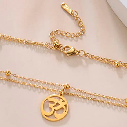 Women OM Necklace Indian Yoga Aum Om Ohm Pendant Necklace Stainless Steel Hindu Meditation Charm Sanskrit Symbol Spiritual Amulet Jewelry for Women Men - color: Layered-G