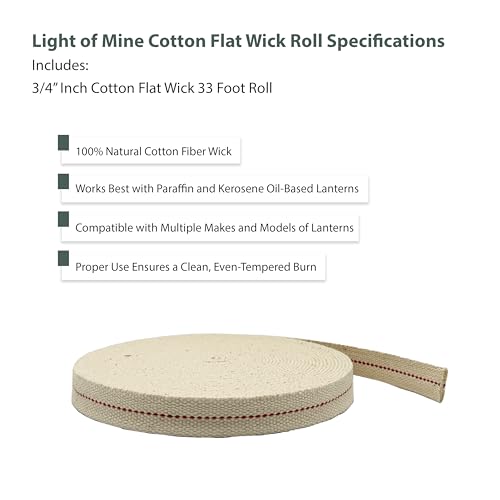 Light of Mine - 3/4" Inch 33' Foot, 100% Cotton Flat Wick for Paraffin Oil, Kerosene Based Lanterns, and Oil Lamps with Genuine Red Stitch (3/4" - 33' Roll) - size: 3/4" 33 foot - 1 Pack