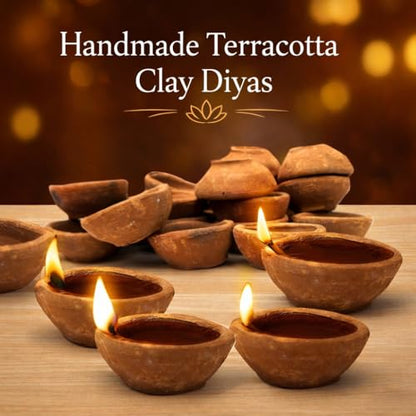 Diwali Clay Diyas Set of 12 with Cotton Wicks | Handmade Terracotta Oil Lamps for Diwali Decoration, Pooja, Meditation & Spiritual Rituals