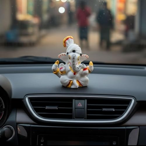 Mini Lord Ganesha Idol with Pagri for Car Dashboard, Home Temple, Home Decor, Office & for Gift Mini White Ganesh Ji Murti | Perfect for Return Gifts