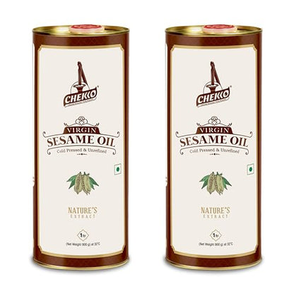 Chekko Cold Pressed Sesame Oil (Virgin, Kachi Ghani, Chekku) - 1L - 2 Pack - size: 33.8 Fl Oz (Pack of 2)
