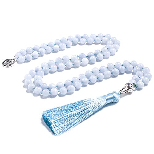 108 Mala Prayer Beads Necklace Natural Stones Meditation Yoga Jewery 108 Hand Knotted Japa Mala Beaded Long Tassel Necklace with Tree of Life Pendant for Men and Women - color: Aquamarine