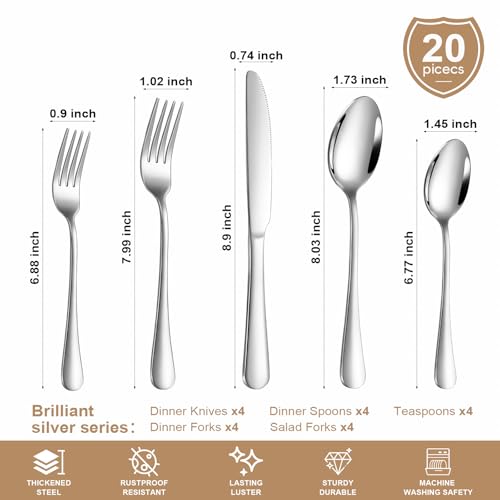 Silverware Set 20 Piece Stainless Steel Flatware Set Silverware Utensils for 4 People Includes Forks Knives Spoons & Salad Forks Dishwasher Safe Durable Tableware for Home Restaurant or Outdoor Use - size: 20-Piece