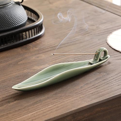 9" Length Incense Stick Holder with 3 Holes, White Porcelain Incense Tray Ash Cather for Spa, Meditation Room, Yoga, Home, Office (Green) - color: Green