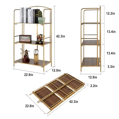 Crofy 3-Tier Foldable Bookshelf, Gold Frame & Walnut Shelves - color: Gold Frame & Walnut Shelf, size: 3 Tier