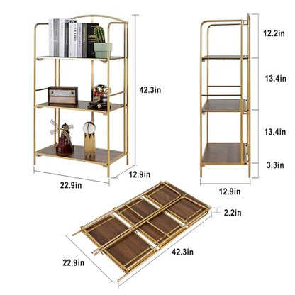 Crofy 3-Tier Foldable Bookshelf, Gold Frame & Walnut Shelves - color: Gold Frame & Walnut Shelf, size: 3 Tier