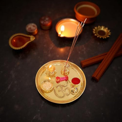 Brass Puja Thali Set Pooja Plate with Bowl, Diya, Kumkum & Incense Holder (Dia 8 inch)