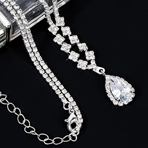 CIEHER 4/5 Pieces Women Jewelry Set - Rhinestone Crown + Drop Necklace + Elegant Bangle Bracelet + Crystal Teardrop Dangle Earrings for Bridal Wedding Party - color: Silver