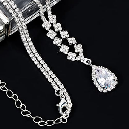 CIEHER 4/5 Pieces Women Jewelry Set - Rhinestone Crown + Drop Necklace + Elegant Bangle Bracelet + Crystal Teardrop Dangle Earrings for Bridal Wedding Party - color: Silver