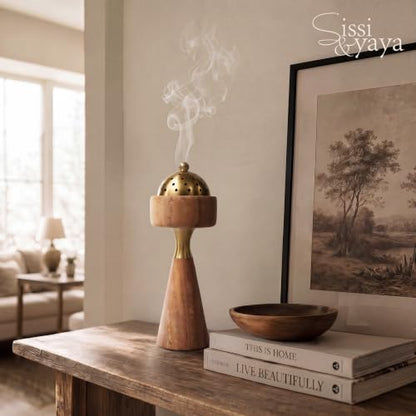 Sissi & yaya Marble Incense Burner with Brass Cover, 11 x 3.8 inches, Multi-Purpose Holder for Cones, Coils and Sticks (Light Brown) - color: Light Brown