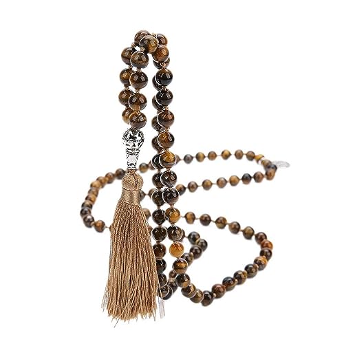 108 Mala Prayer Beads Necklace Natural Stones Meditation Yoga Jewery 108 Hand Knotted Japa Mala Beaded Long Tassel Necklace with Tree of Life Pendant for Men and Women - color: 8mm Tiger Eye