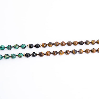 108 Mala Prayer Beads Necklace Natural Stones Meditation Yoga Jewery 108 Hand Knotted Japa Mala Beaded Long Tassel Necklace with Tree of Life Pendant for Men and Women - color: Yellow Tiger Eye+Black Onyx+African Turquoise+