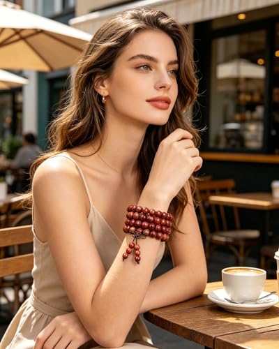 Mala Beads, 108 Natural Wood Bracelet, Handmade Wood Beads Yoga Meditation Prayer Beaded Jewelry for Men Women - color: Padauk Wood Beads