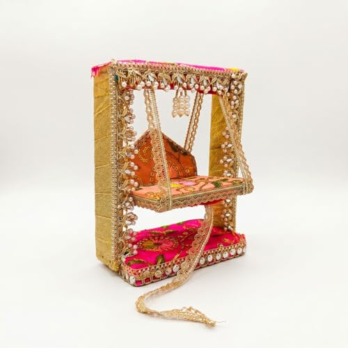 SATVIK 1Pc - Janmashtami Krishna Jhula Decorative Wooden Swing for Laddu Gopal | Fabric & Lace Handcrafted Design | Pooja Mandir Festive Decor