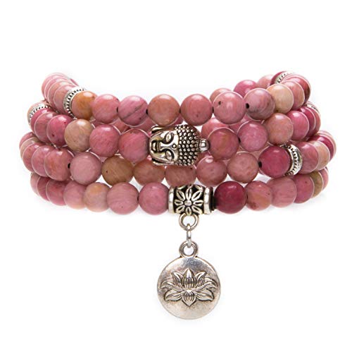 Bivei 108 Mala Beads Necklace Long Beaded Wrap Bracelets Genuine Gemstone Mala Prayer Beads Lotus Buddha Charm Yoga Meditation Necklace - color: Rhodochrosite-Lotus OM-Buddha
