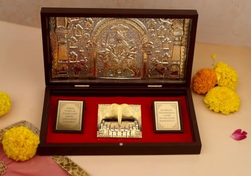 Servdharm Durga MATA Pocket Temple with Charan Paduka and Sacred Mantra | Sherawali MATA Pooja Box - Brown Gold 8.3"x4.5" for Wedding, Housewarming Gift and Home Temple