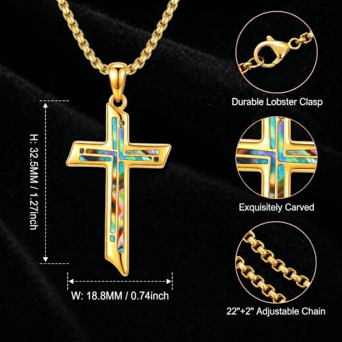 ROMANTICWORK Cross Pendant Necklace 14k Gold Plating Christian Crucifix Necklace Religious Confirmation Jewelry Gifts for Men Women - color: Abalone Shell Cross